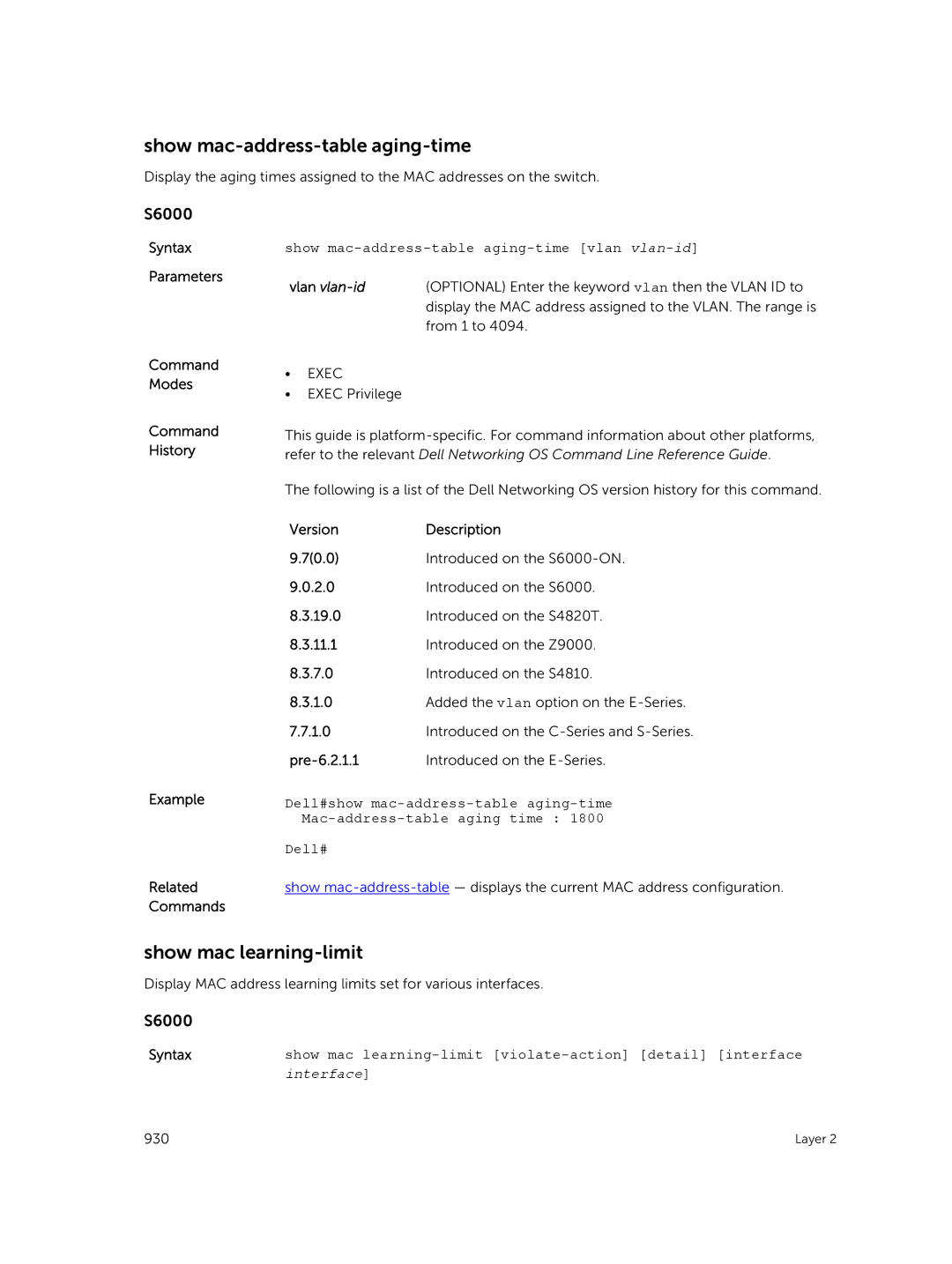 Dell 9.7(0.0) manual Show mac learning-limit, Show mac-address-table aging-time vlan vlan-id 