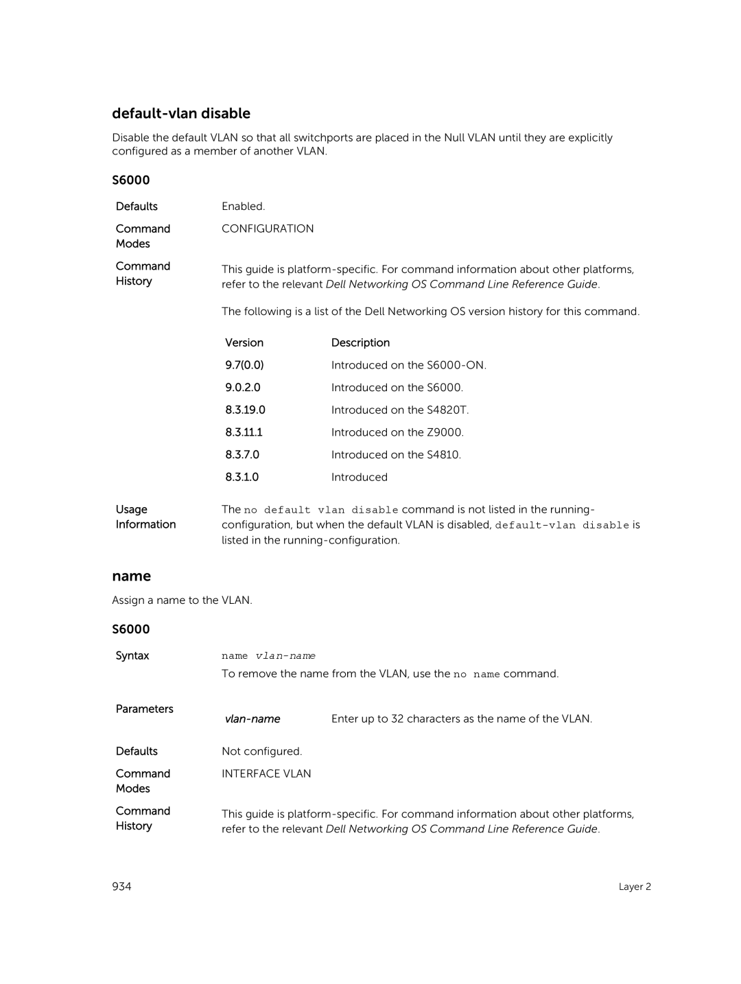 Dell 9.7(0.0) manual Default-vlan disable, Name, Vlan-name Enter up to 32 characters as the name of the Vlan 