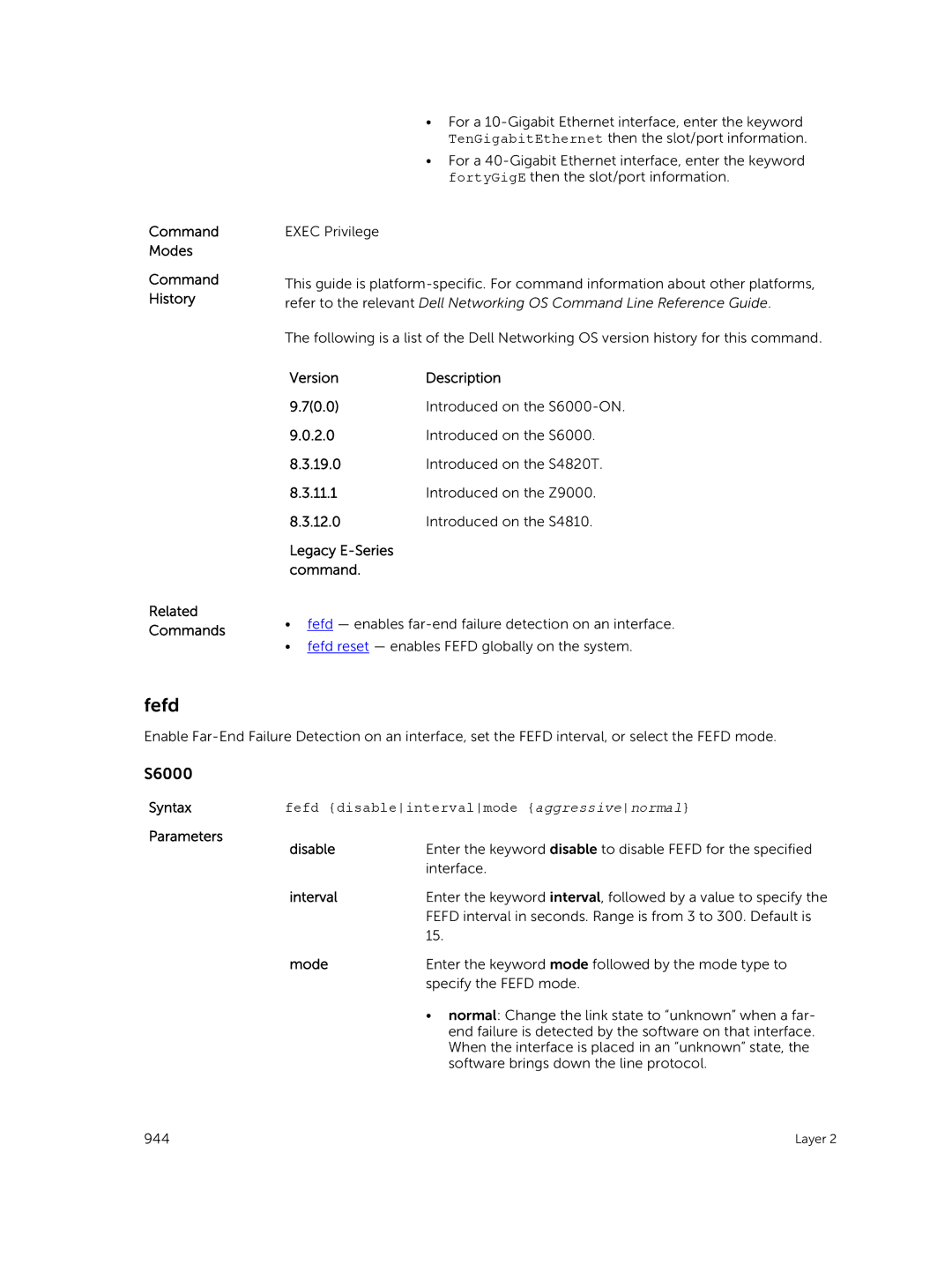 Dell 9.7(0.0) manual Fefd, Legacy E-Series command, Syntaxfefd disableintervalmode aggressivenormal 