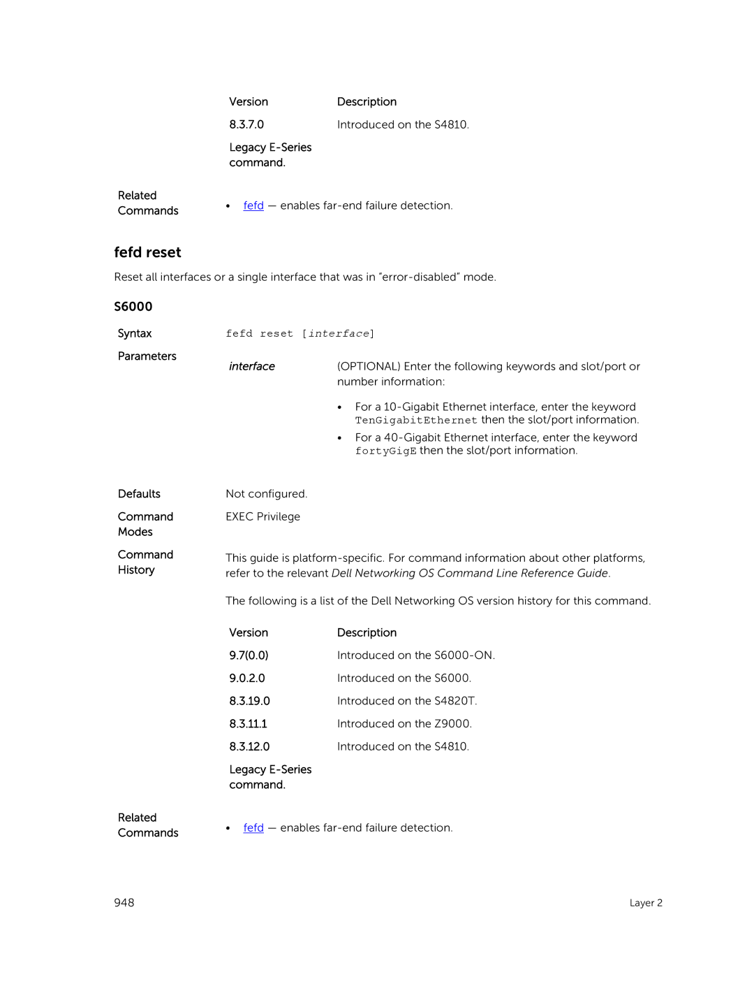 Dell 9.7(0.0) manual Legacy E-Series command Related, Fefd reset interface 