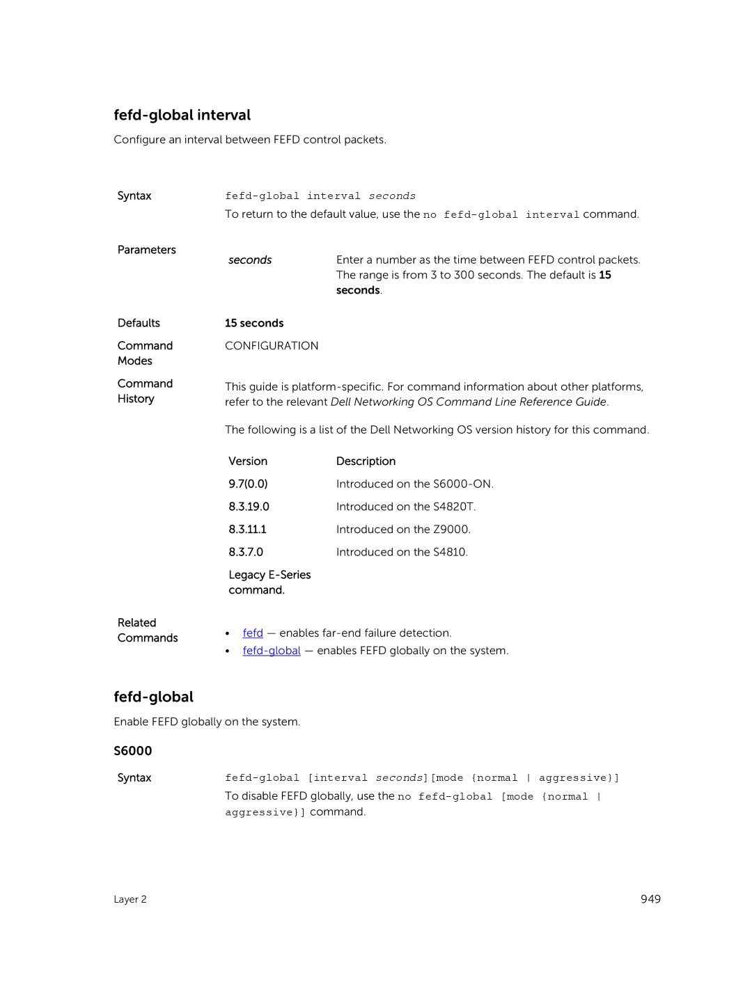 Dell 9.7(0.0) manual Fefd-global interval seconds, Syntaxfefd-global interval secondsmode normal aggressive 