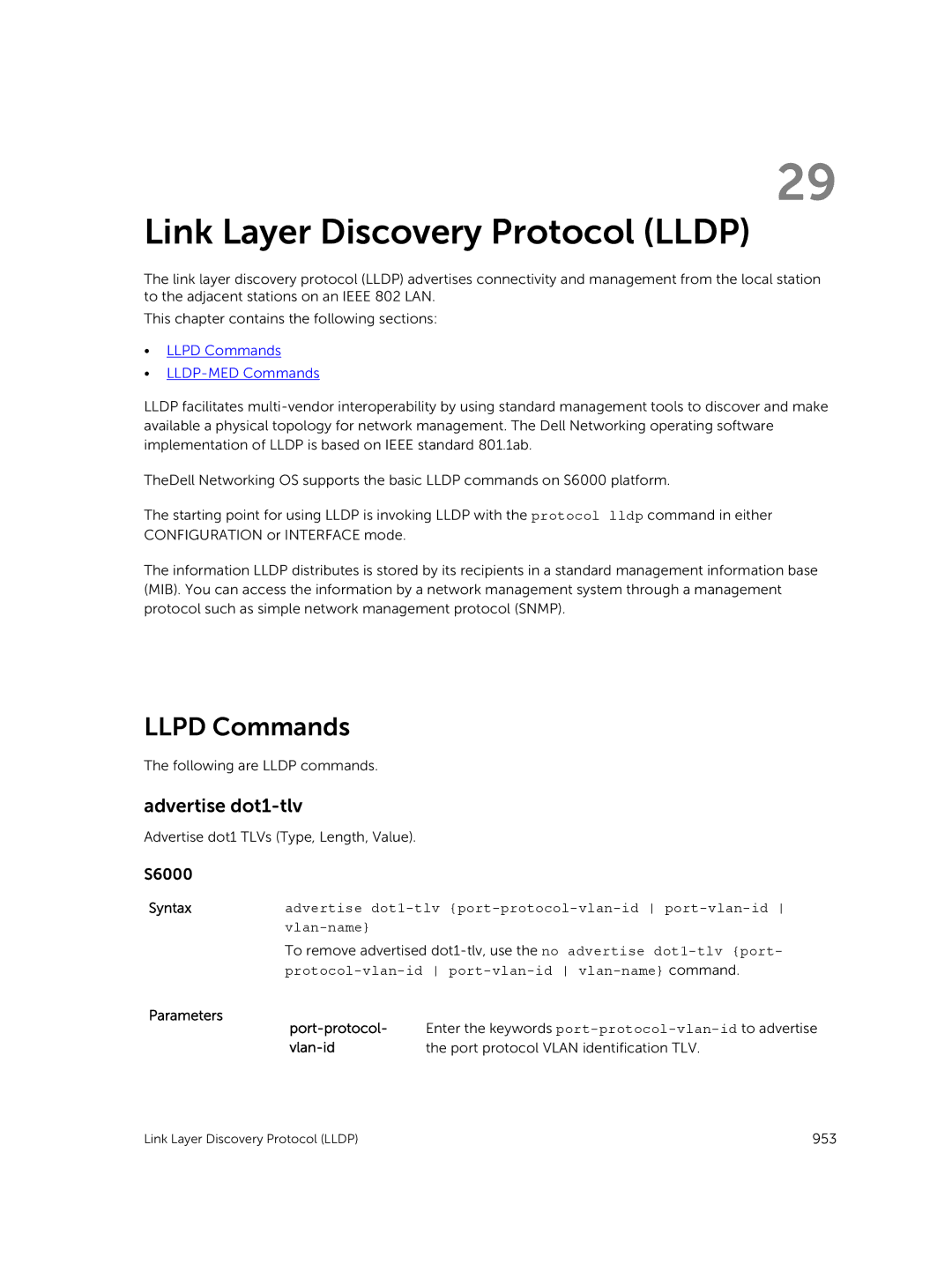 Dell 9.7(0.0) manual Link Layer Discovery Protocol Lldp, Llpd Commands, Advertise dot1-tlv 