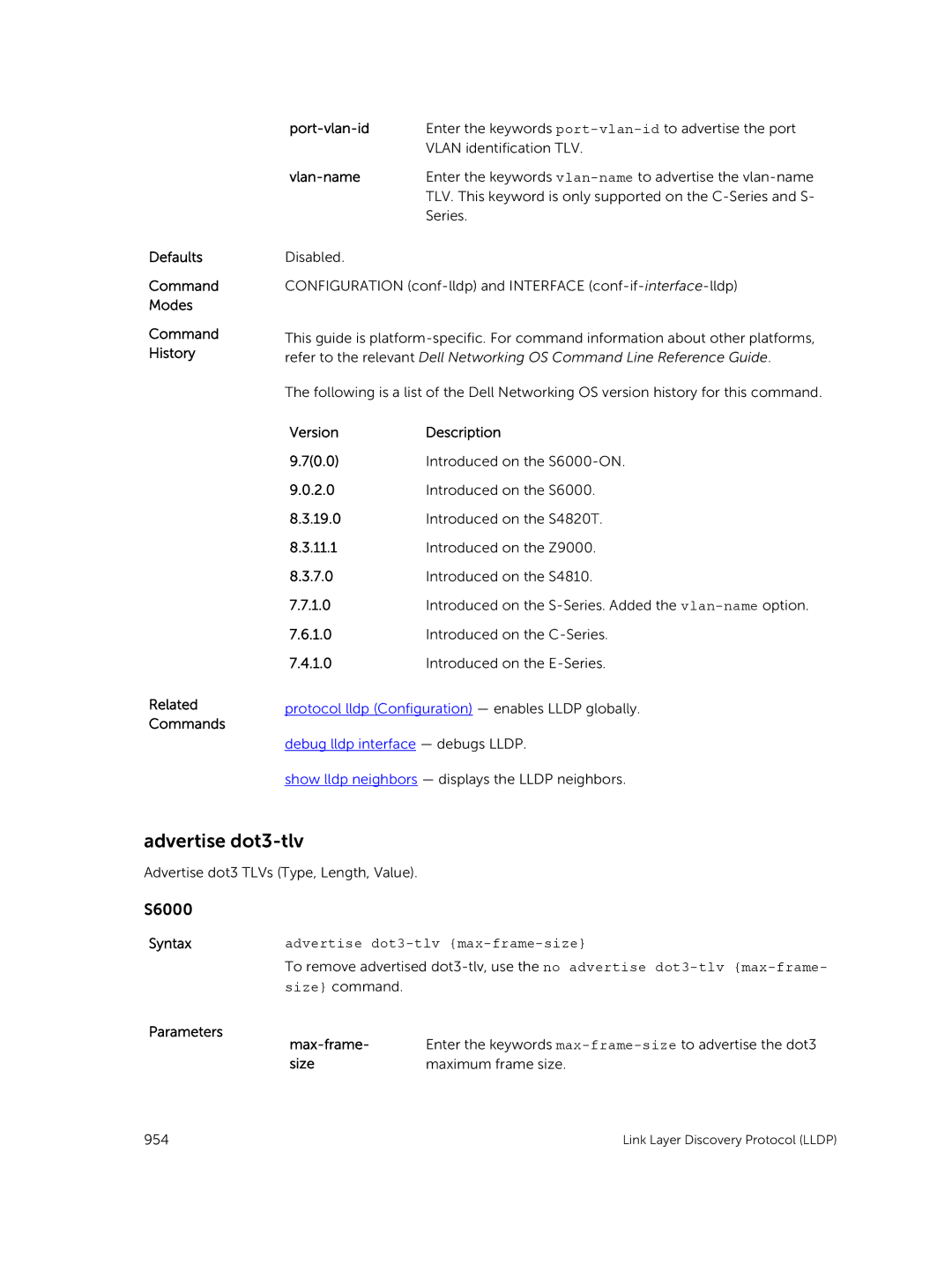 Dell 9.7(0.0) manual Vlan-name, Advertise dot3-tlv max-frame-size 