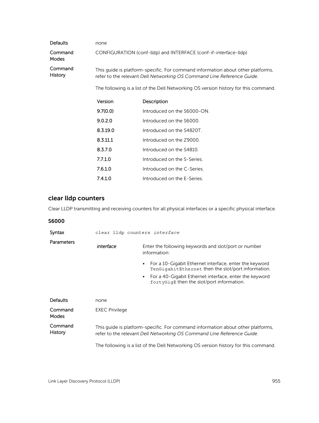 Dell 9.7(0.0) manual Clear lldp counters interface 