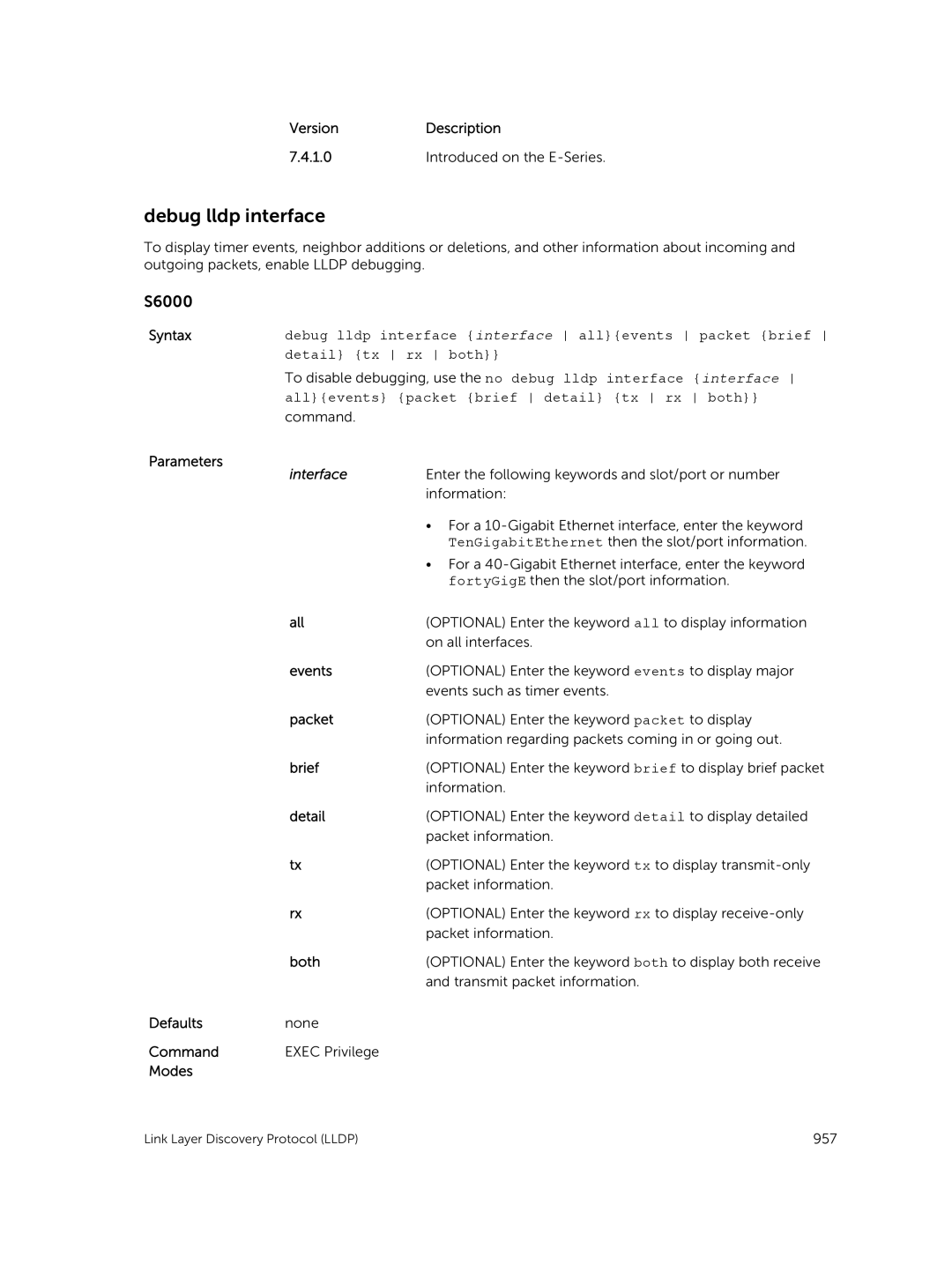 Dell 9.7(0.0) manual Debug lldp interface, Allevents packet brief detail tx rx both command 