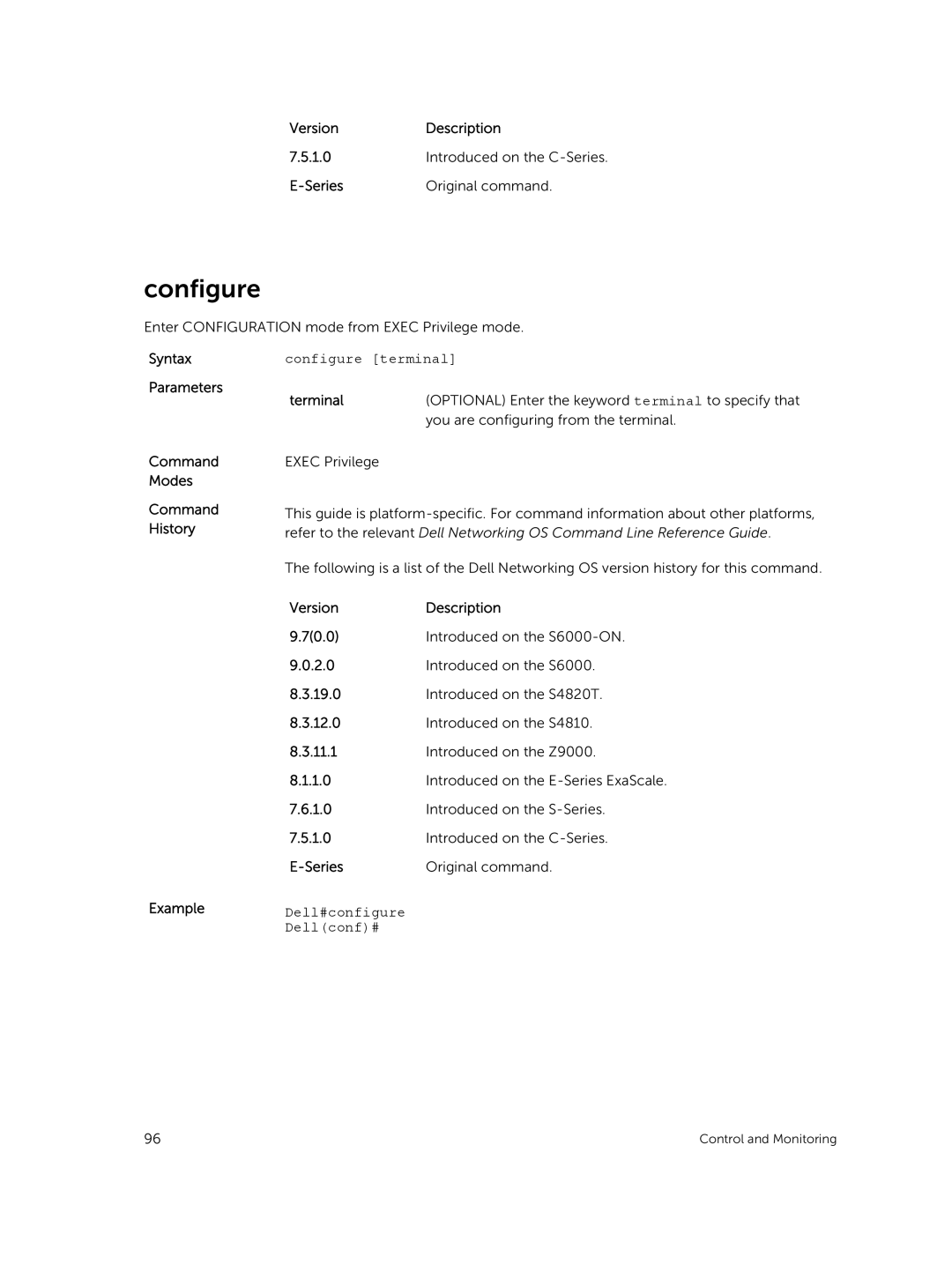 Dell 9.7(0.0) manual Configure terminal, Command Modes Command History Example, Dell#configure Dellconf# 