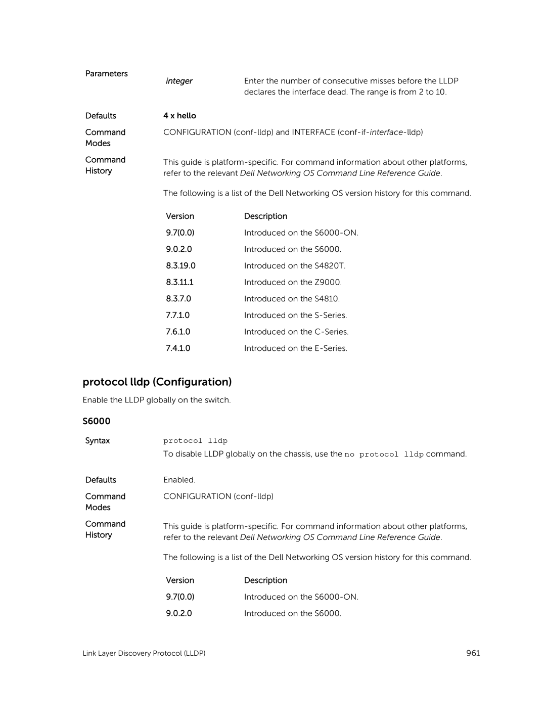 Dell 9.7(0.0) manual Protocol lldp Configuration, Integer 