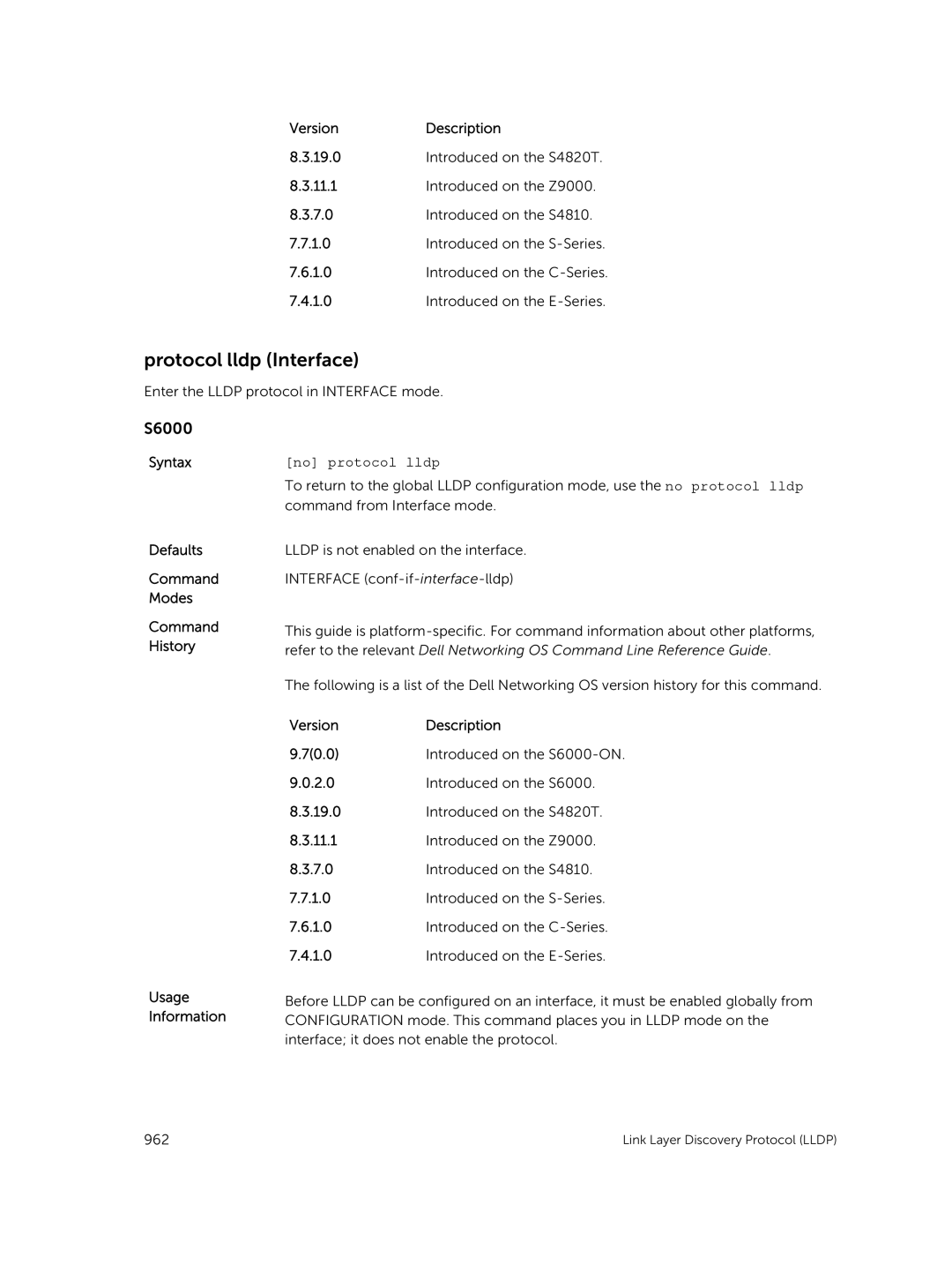 Dell 9.7(0.0) manual Protocol lldp Interface, No protocol lldp 