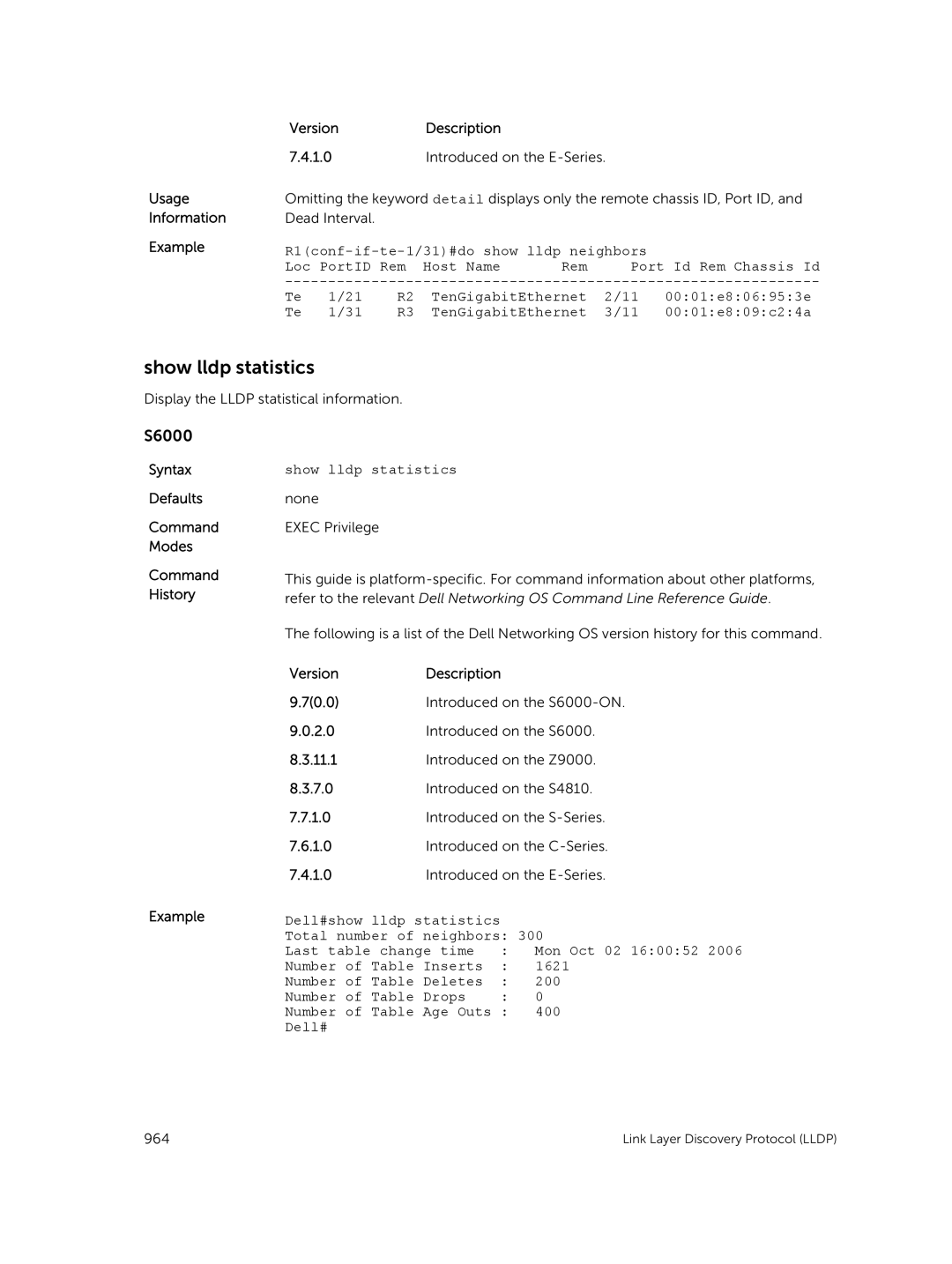 Dell 9.7(0.0) manual Show lldp statistics, R1conf-if-te-1/31#do show lldp neighbors 