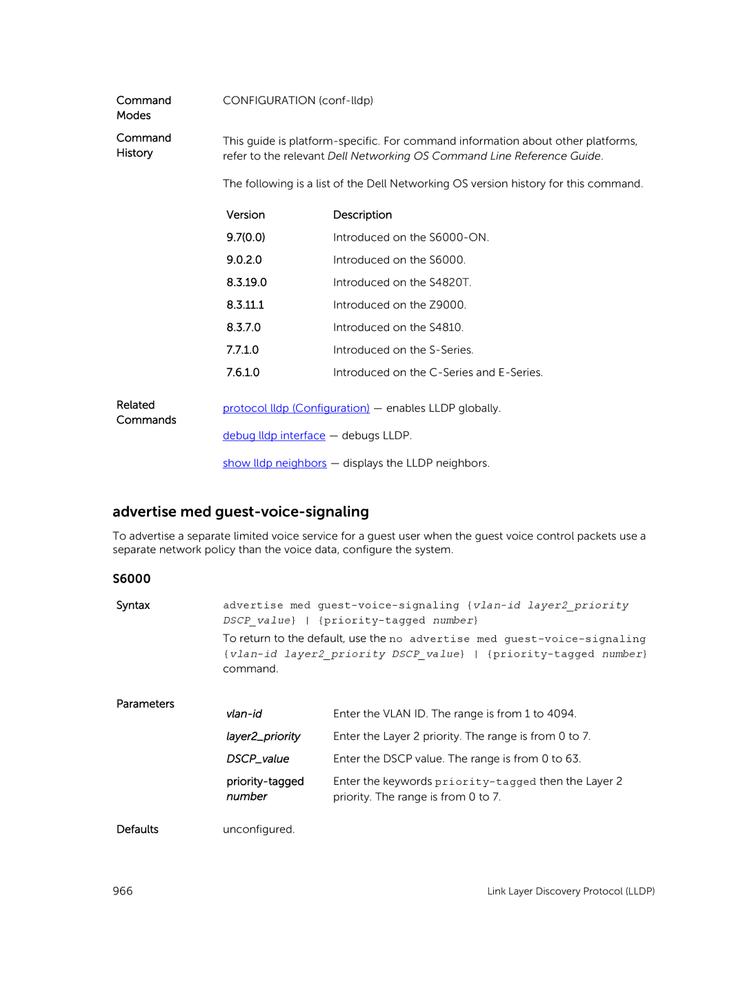 Dell 9.7(0.0) manual Advertise med guest-voice-signaling vlan-id layer2priority, DSCPvalue priority-tagged number 