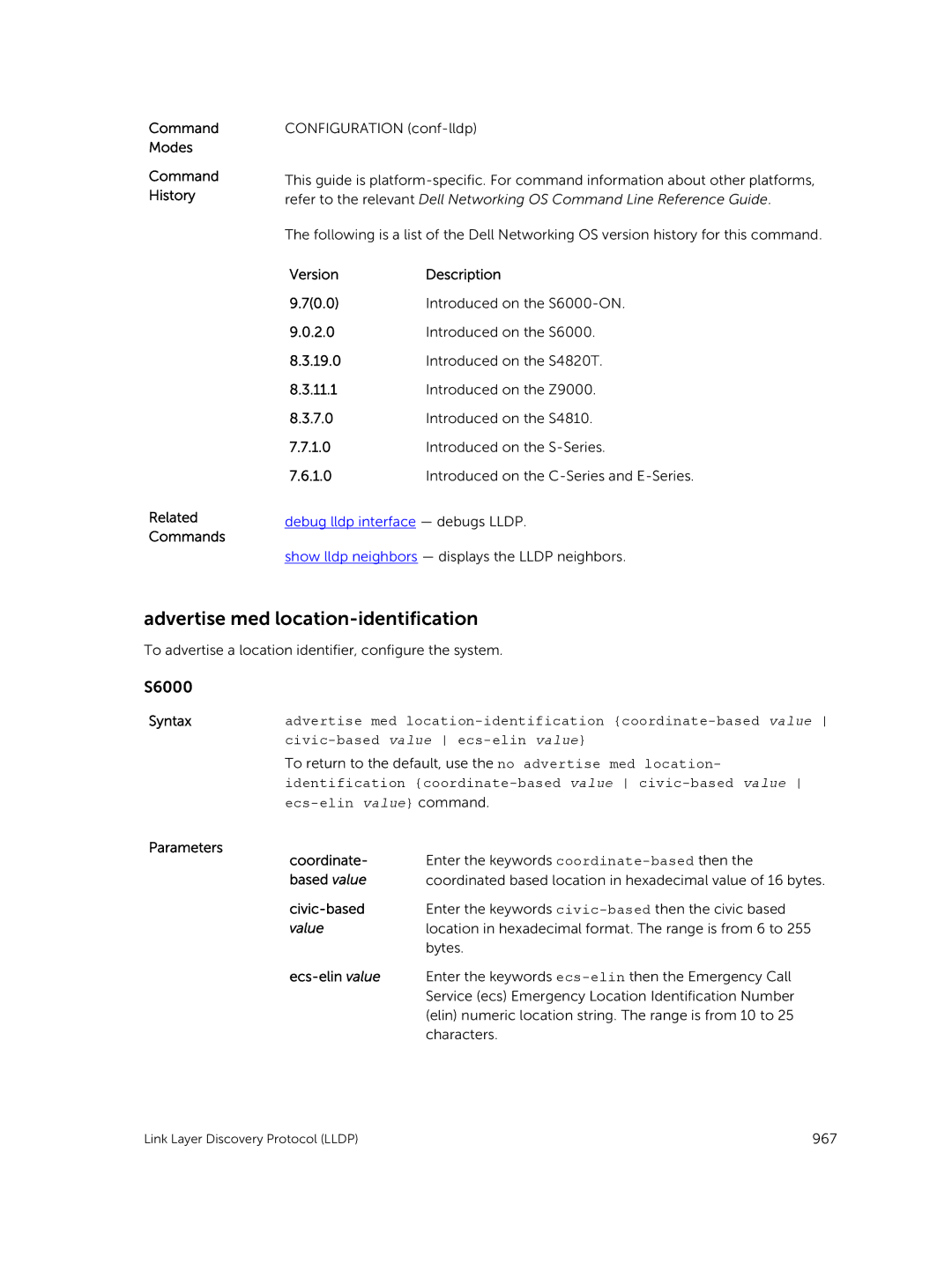 Dell 9.7(0.0) manual Advertise med location-identification, Coordinate, Based value, Civic-based, Ecs-elin value 