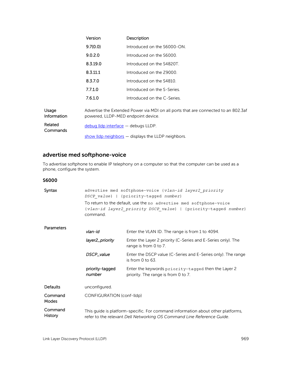 Dell 9.7(0.0) manual Advertise med softphone-voice, Usage Information Related Commands VersionDescription 70.0 