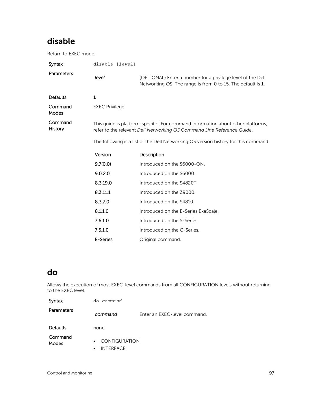 Dell 9.7(0.0) manual Disable level, Level, Command 