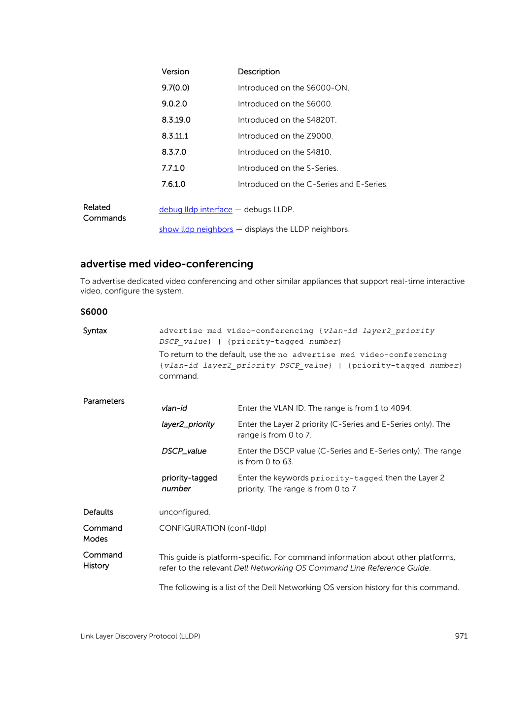 Dell 9.7(0.0) manual Advertise med video-conferencing, Related Commands VersionDescription 70.0 