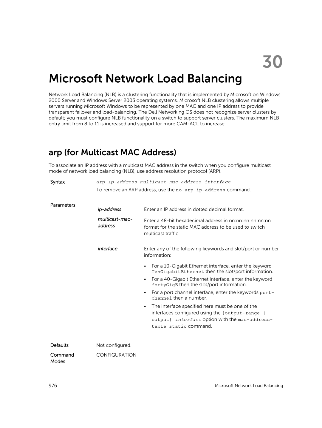 Dell 9.7(0.0) manual Microsoft Network Load Balancing, Arp for Multicast MAC Address, Multicast-mac, Table static command 