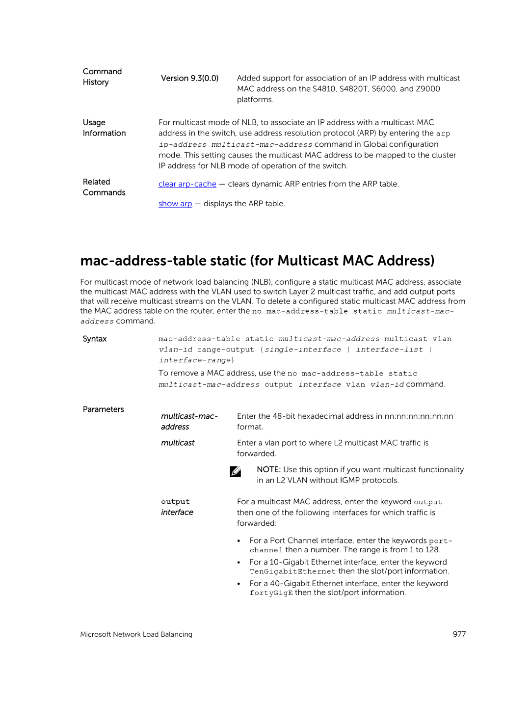 Dell 9.7(0.0) manual Mac-address-table static for Multicast MAC Address, Command History Usage Information Related Commands 