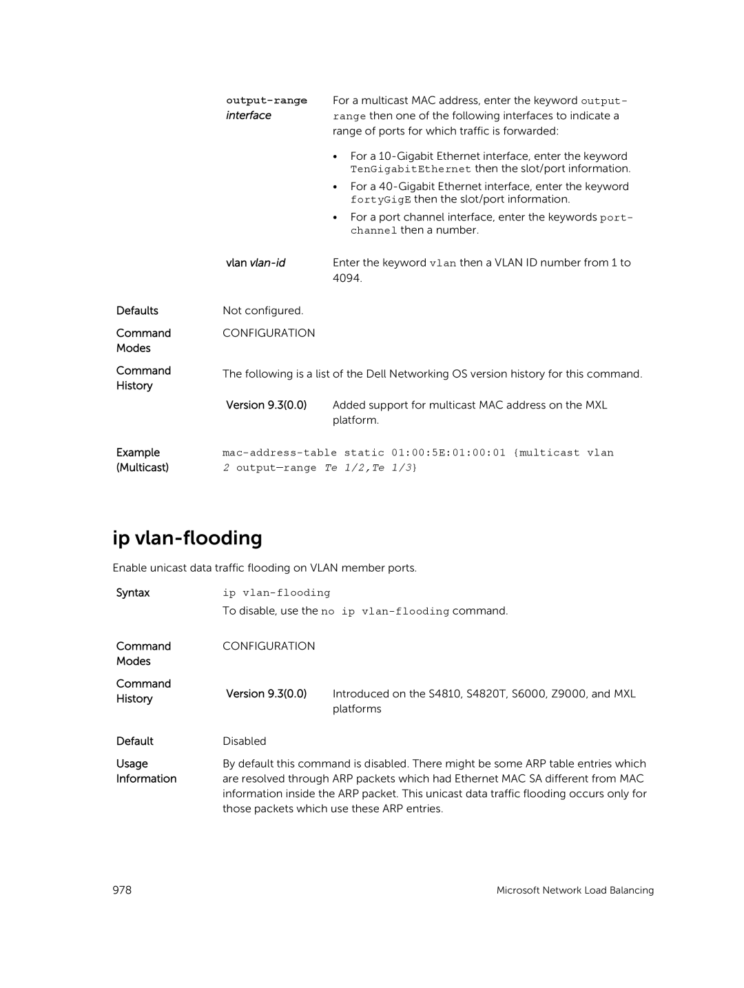 Dell 9.7(0.0) manual Ip vlan-flooding, Defaults Command Modes Command History Example Multicast 