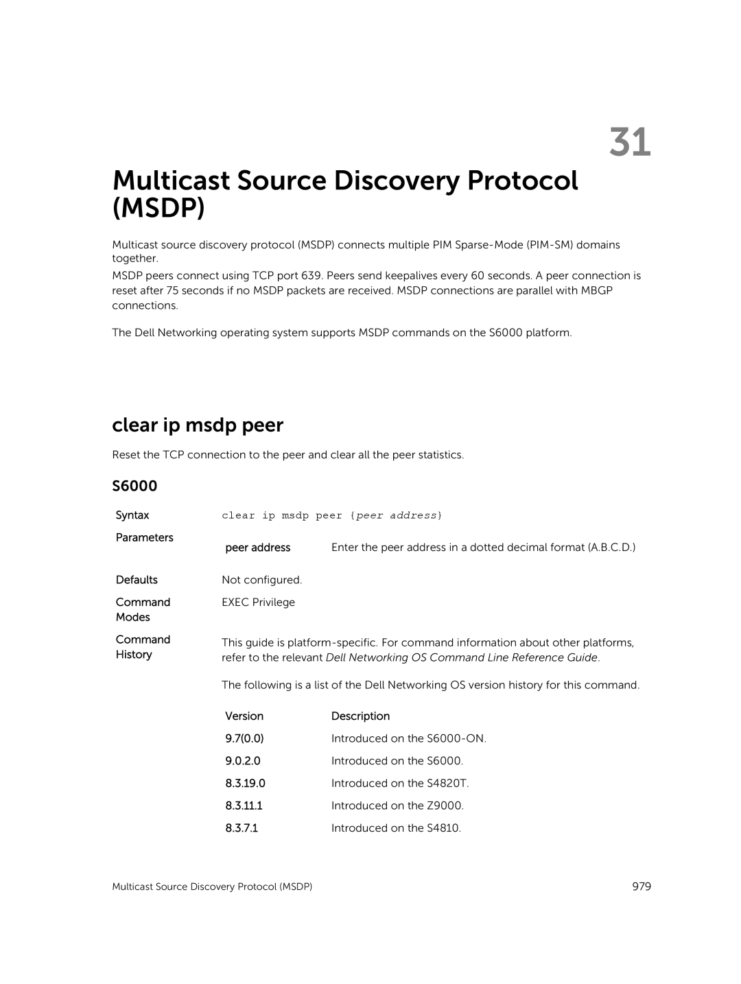 Dell 9.7(0.0) manual Multicast Source Discovery Protocol Msdp, Clear ip msdp peer peer address, Peer address 