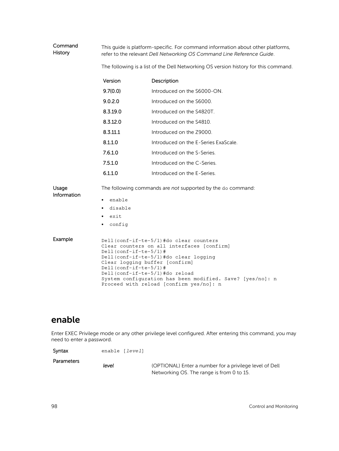 Dell 9.7(0.0) manual Command History Usage Information Example, Enable level, Networking OS. The range is from 0 to 