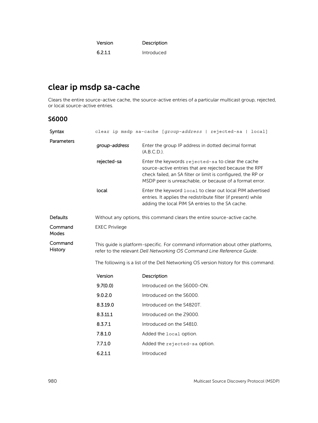 Dell 9.7(0.0) manual Clear ip msdp sa-cache, Rejected-sa 