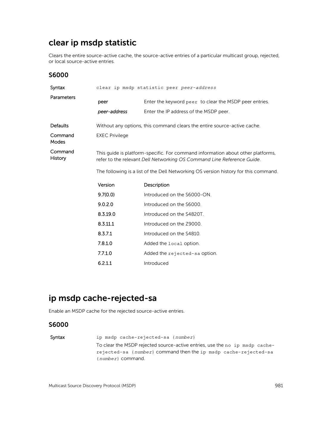 Dell 9.7(0.0) manual Ip msdp cache-rejected-sa, Clear ip msdp statistic peer peer-address, Peer-address 