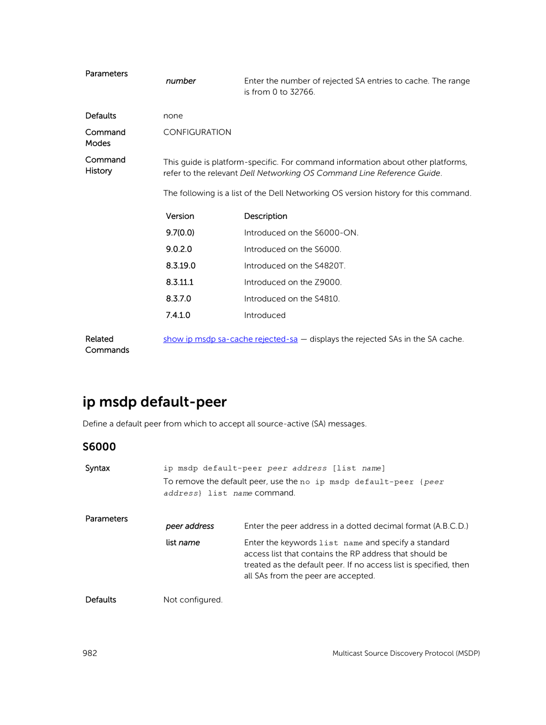 Dell 9.7(0.0) manual Ip msdp default-peer peer address list name, Peer address, List name 