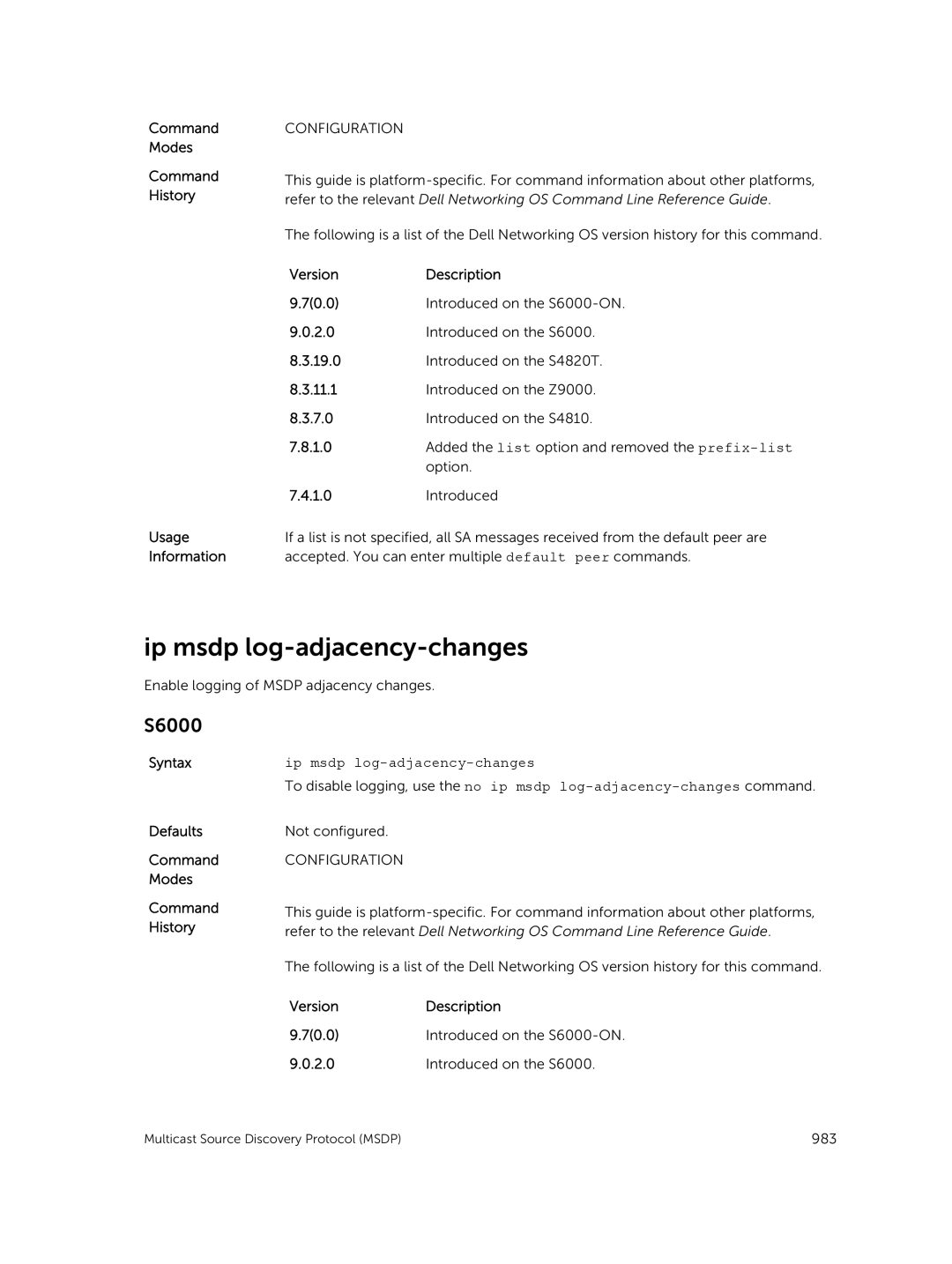 Dell 9.7(0.0) manual Ip msdp log-adjacency-changes 