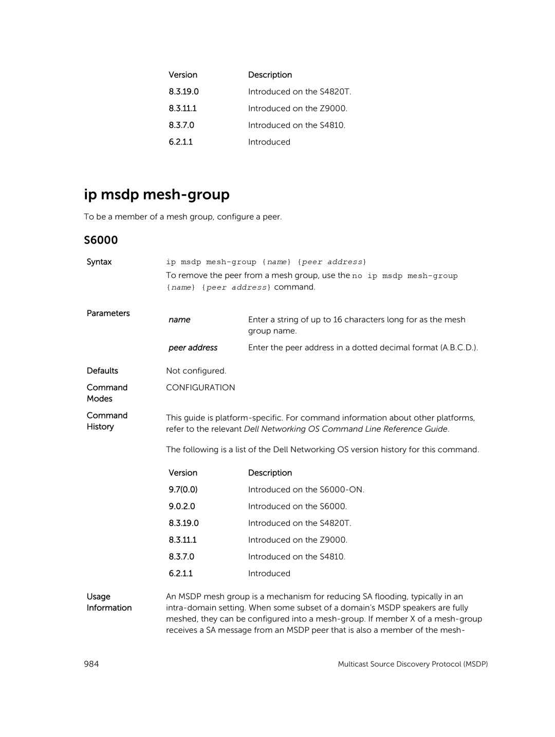 Dell 9.7(0.0) manual Ip msdp mesh-group name peer address 