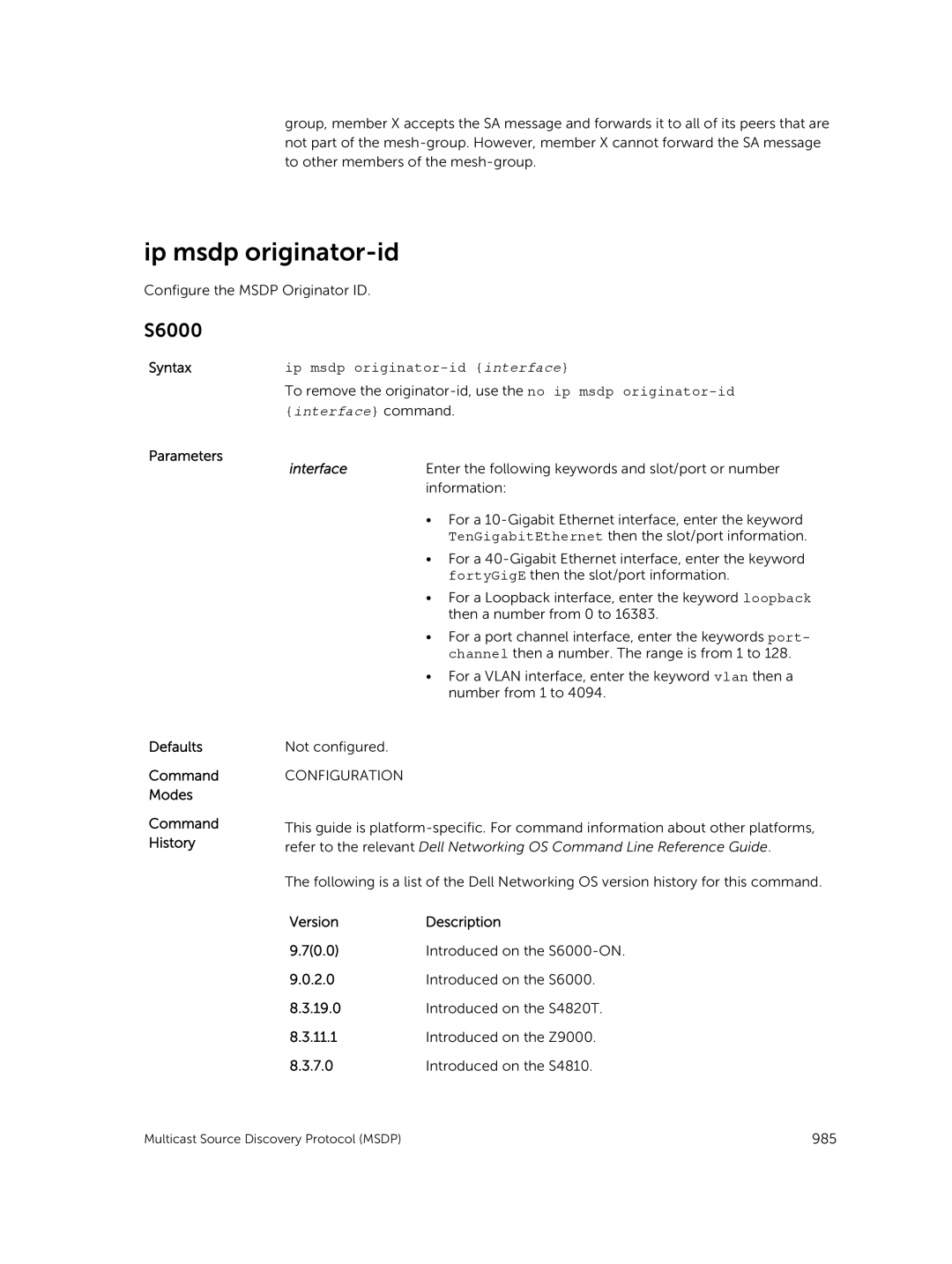 Dell 9.7(0.0) manual Ip msdp originator-id interface 