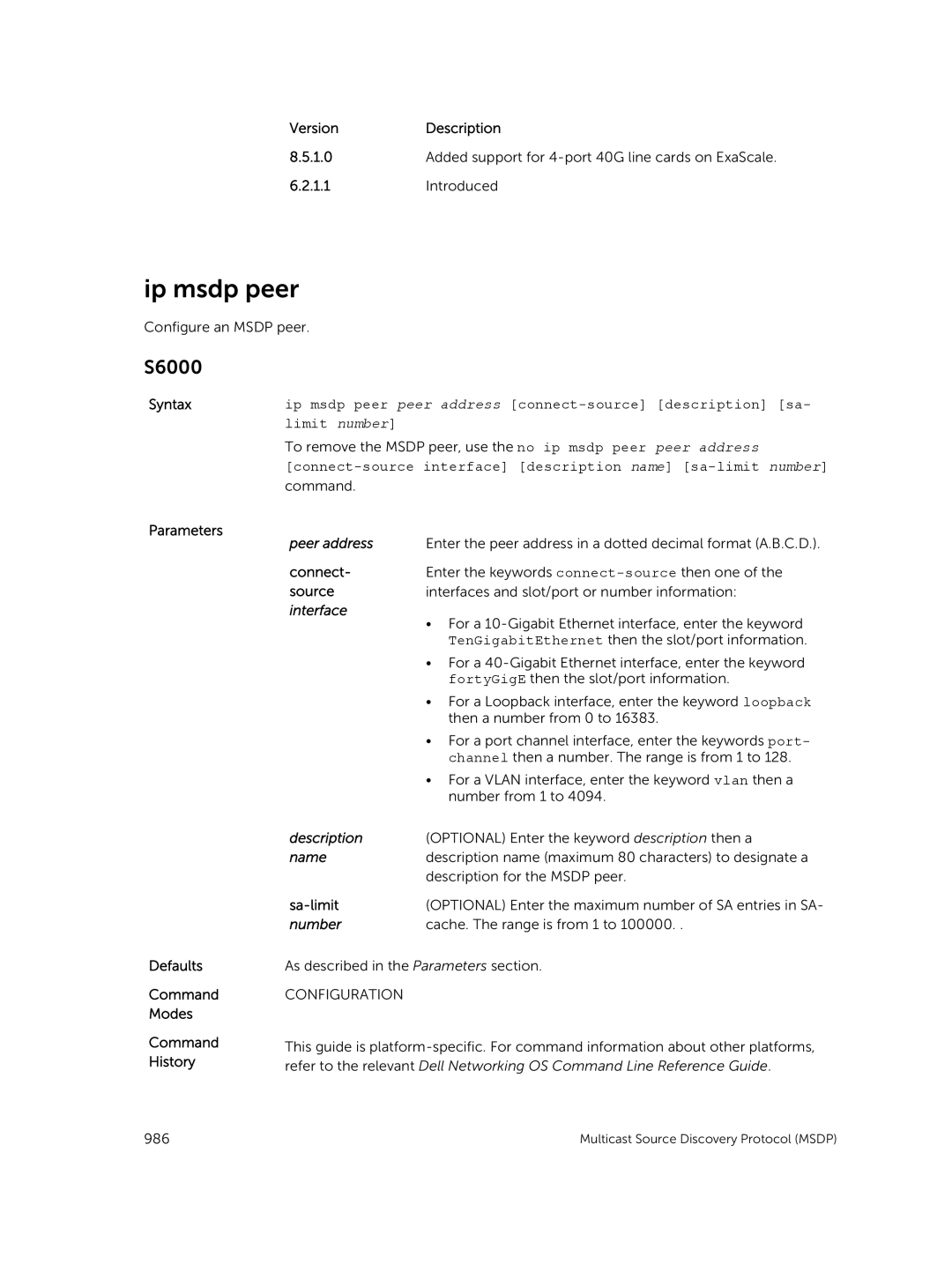 Dell 9.7(0.0) manual Ip msdp peer, Connect, Sa-limit 