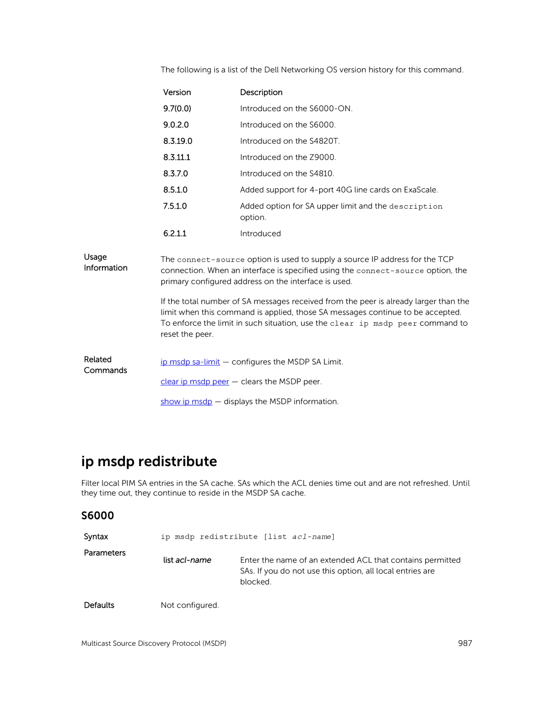 Dell 9.7(0.0) manual Ip msdp redistribute list acl-name, Defaults Not configured 