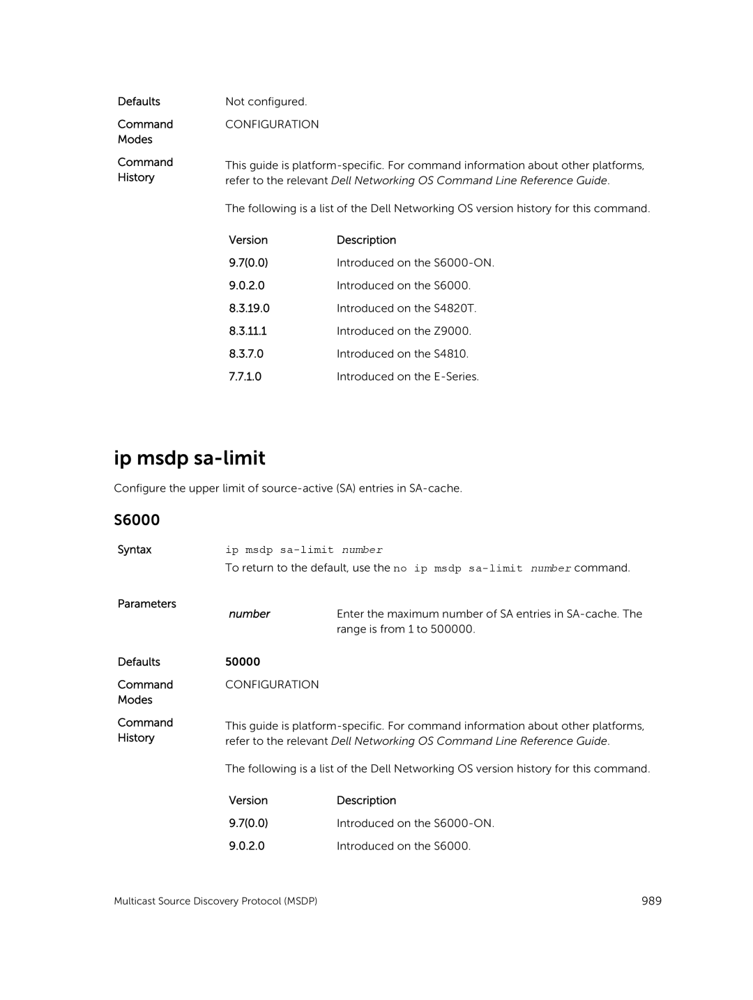 Dell 9.7(0.0) manual Ip msdp sa-limit number 