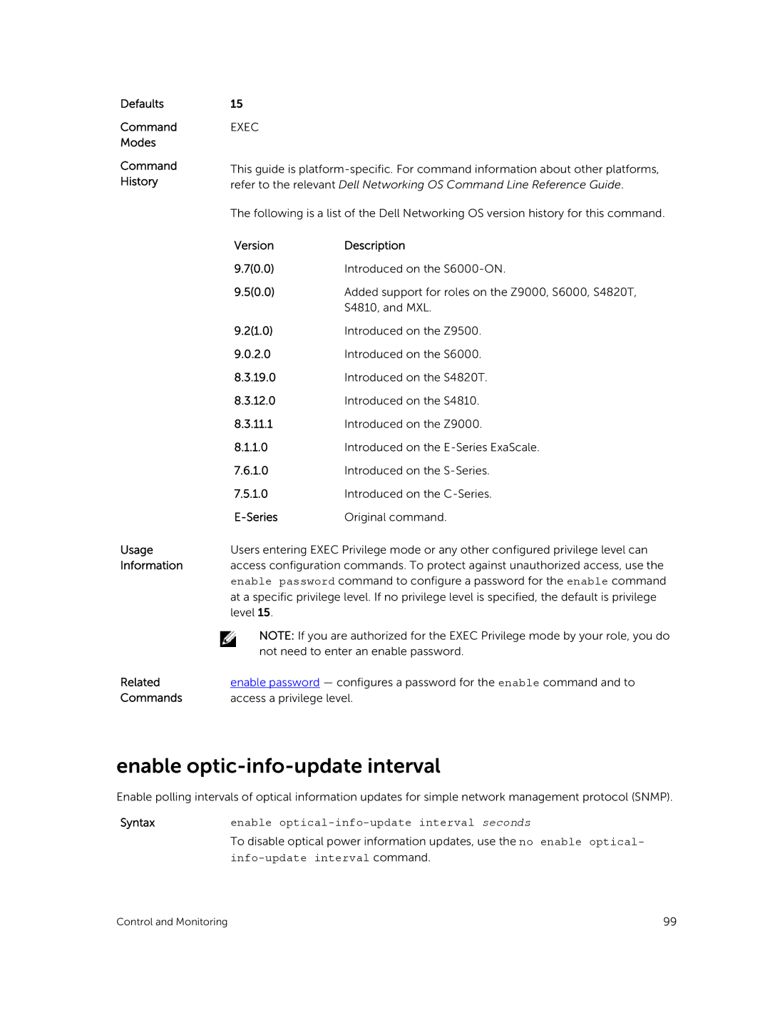 Dell 9.7(0.0) Enable optic-info-update interval, Enable optical-info-update interval seconds, Info-update interval command 