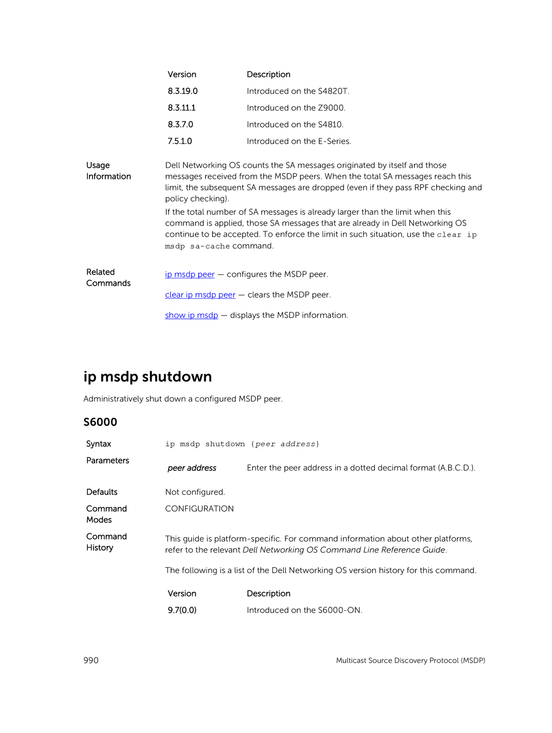 Dell 9.7(0.0) manual Ip msdp shutdown peer address 