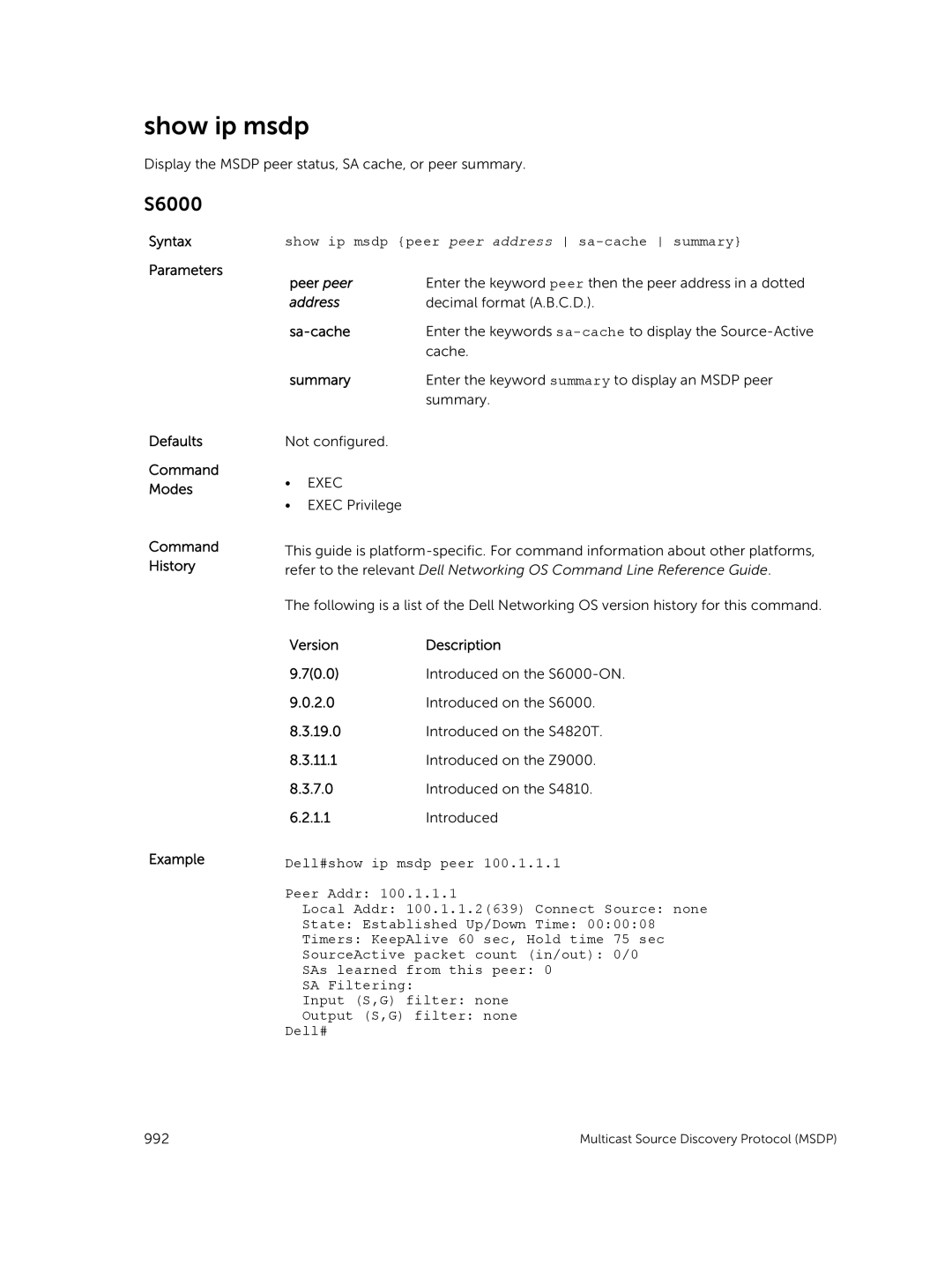 Dell 9.7(0.0) manual Show ip msdp, Peer peer, Sa-cache 