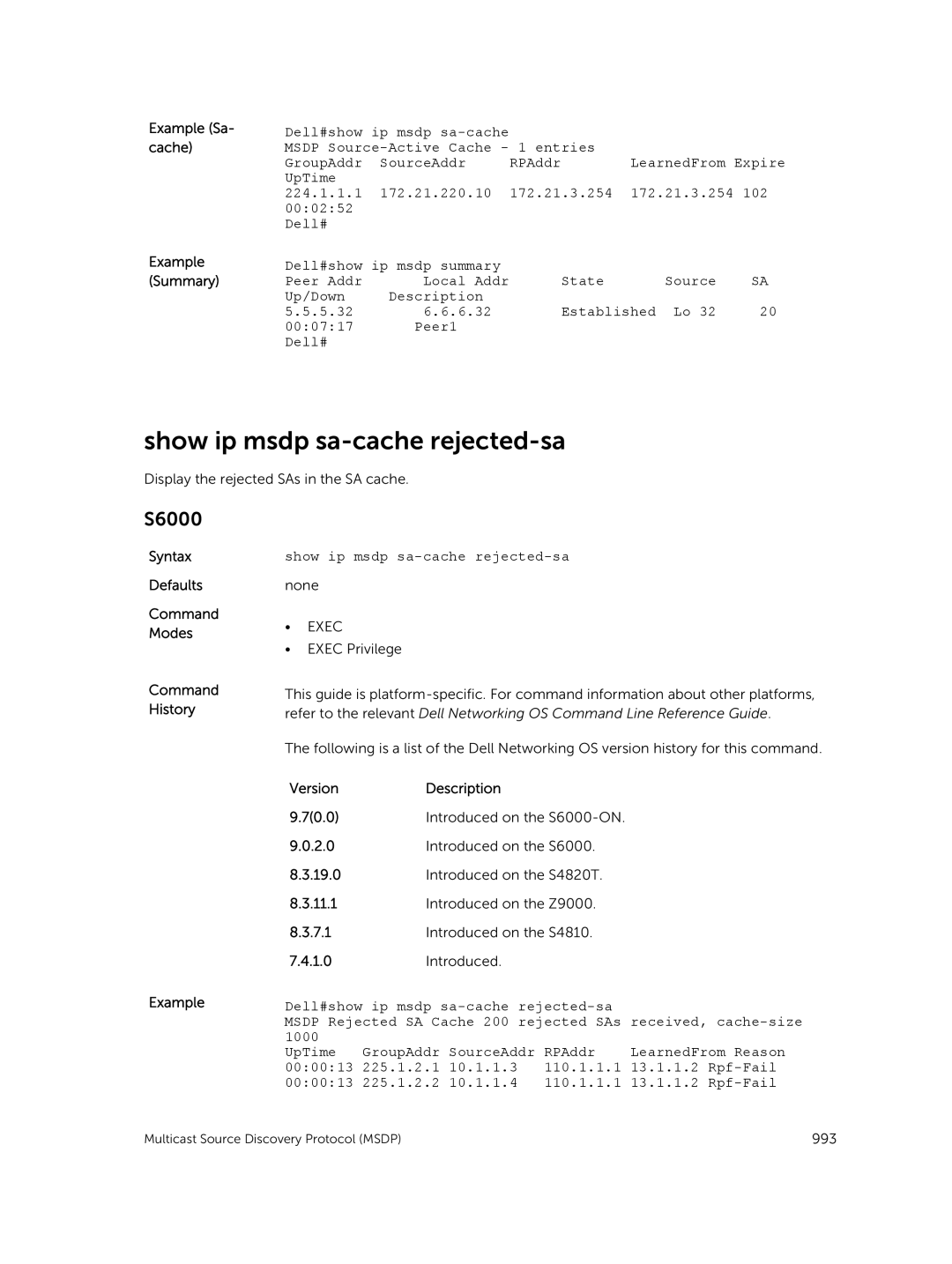 Dell 9.7(0.0) manual Show ip msdp sa-cache rejected-sa, Example Sa, Cache 