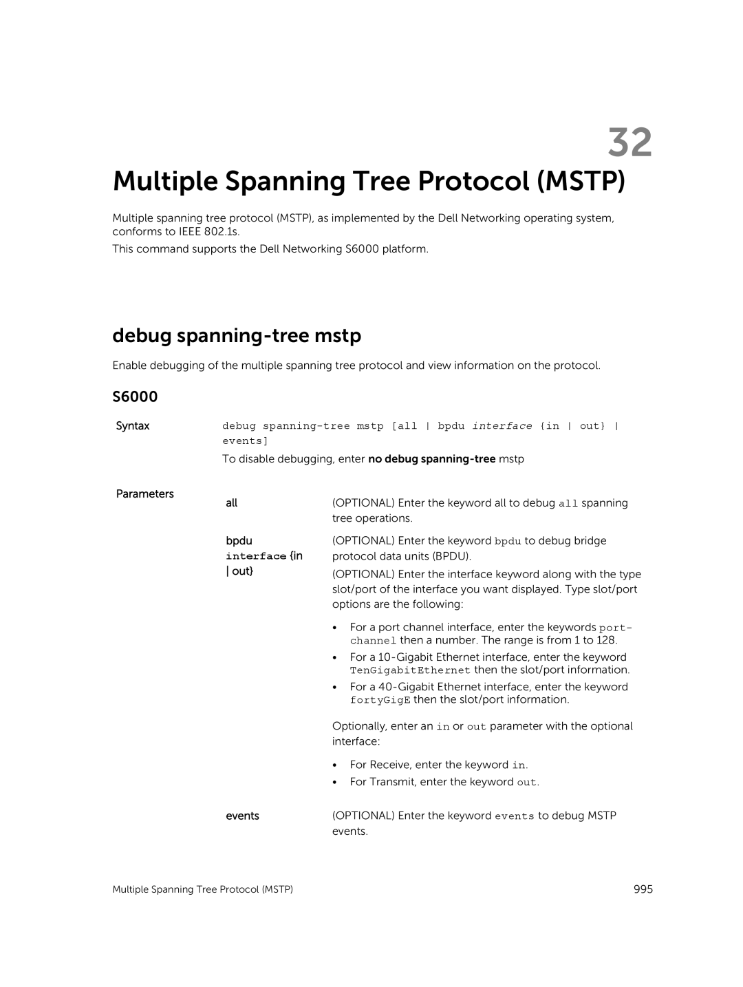 Dell 9.7(0.0) Multiple Spanning Tree Protocol Mstp, Debug spanning-tree mstp, Parameters All Bpdu Interface in out Events 