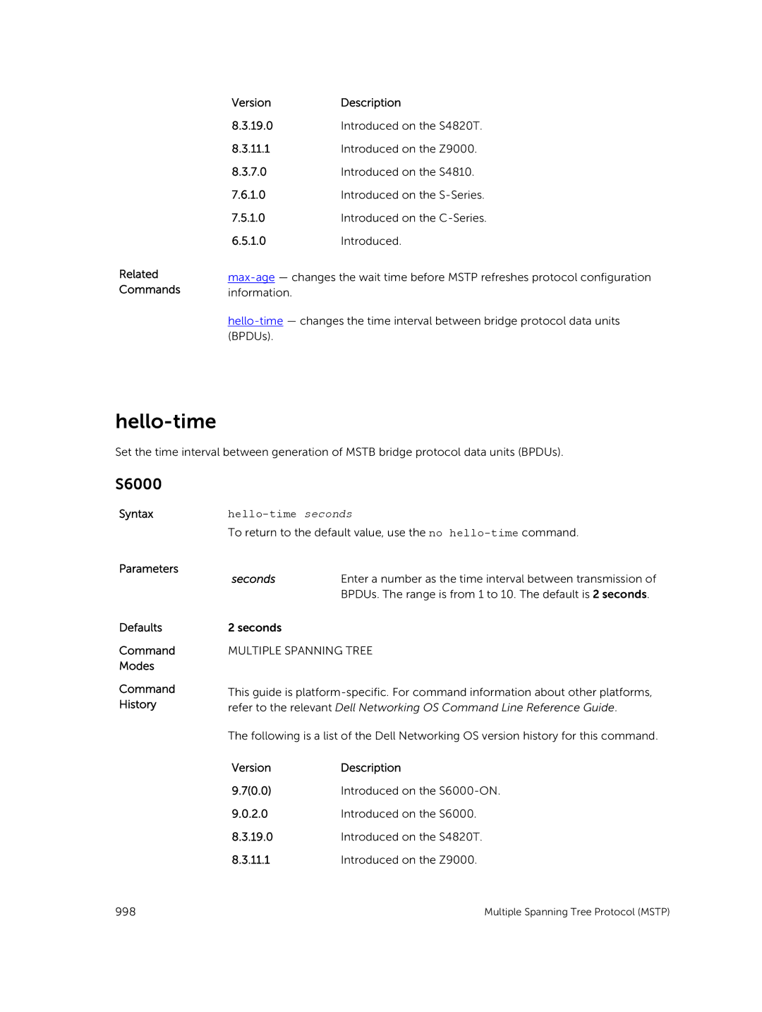 Dell 9.7(0.0) manual Hello-time seconds 