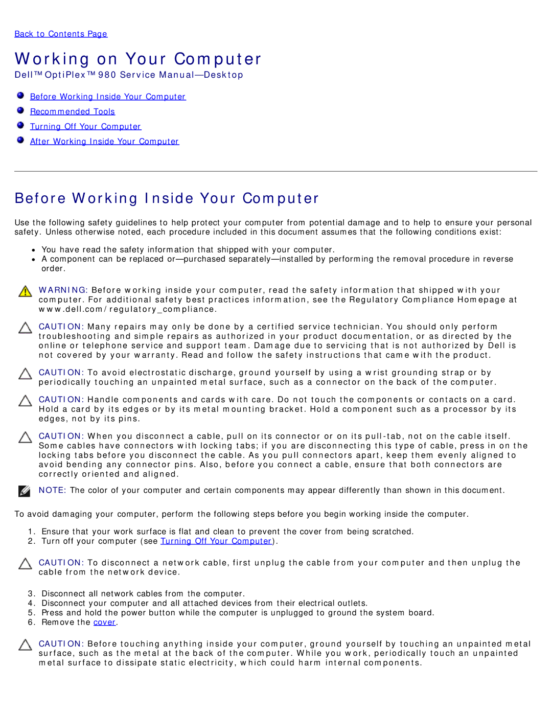 Dell 980 service manual Working on Your Computer, Before Working Inside Your Computer 