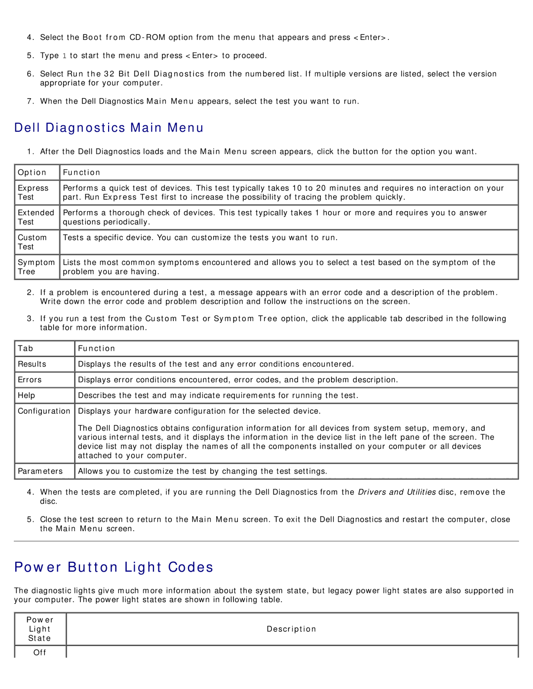 Dell 980 service manual Power Button Light Codes, Option Function, Tab Function, Power LightDescription State Off 