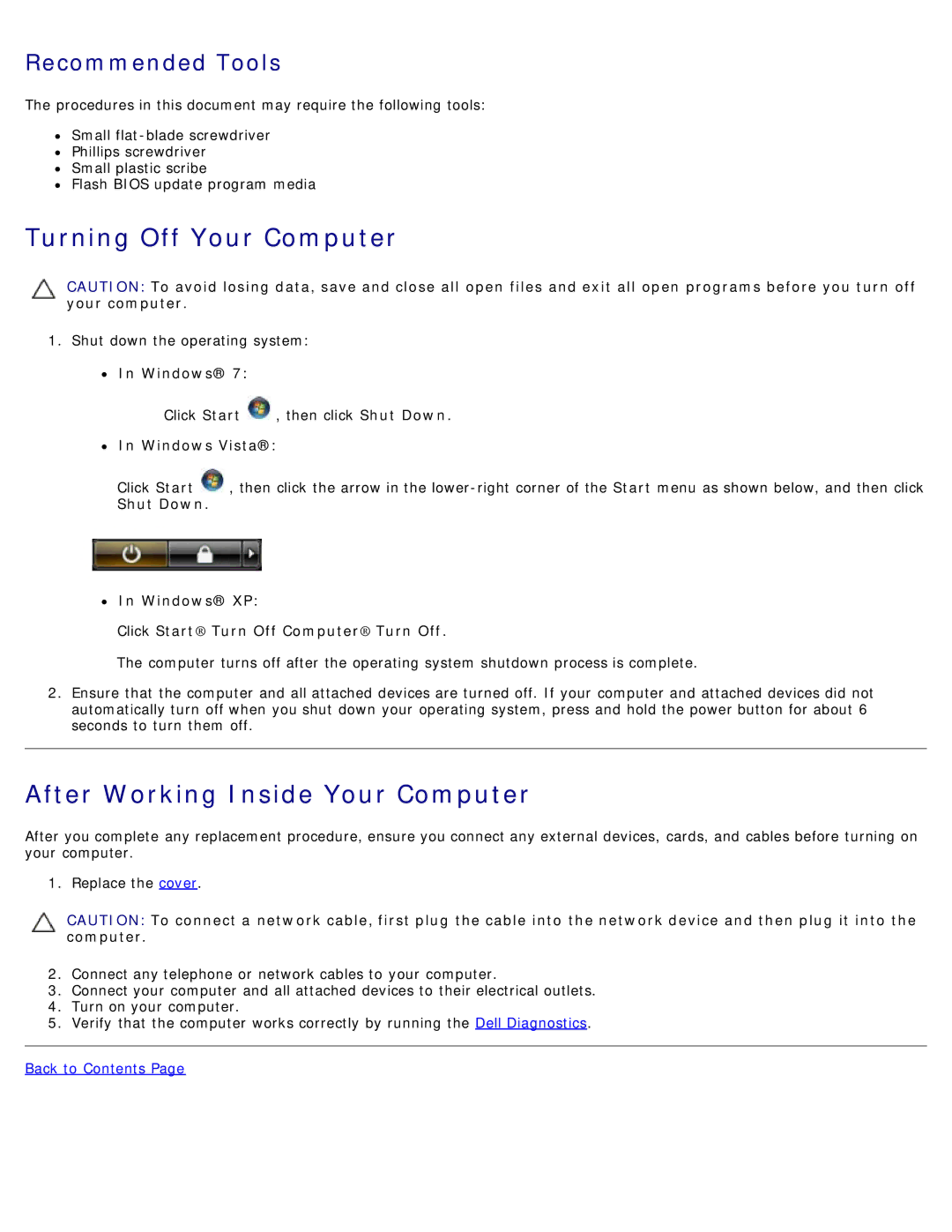 Dell 980 service manual Turning Off Your Computer, After Working Inside Your Computer, Windows Vista 