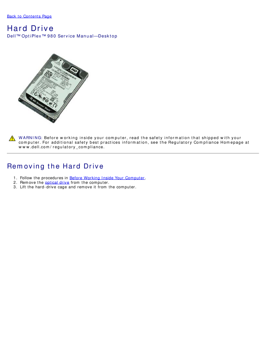 Dell 980 service manual Removing the Hard Drive 