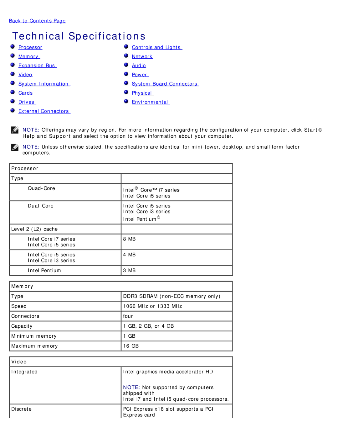 Dell 980 service manual Technical Specifications, Processor, Memory, Video 