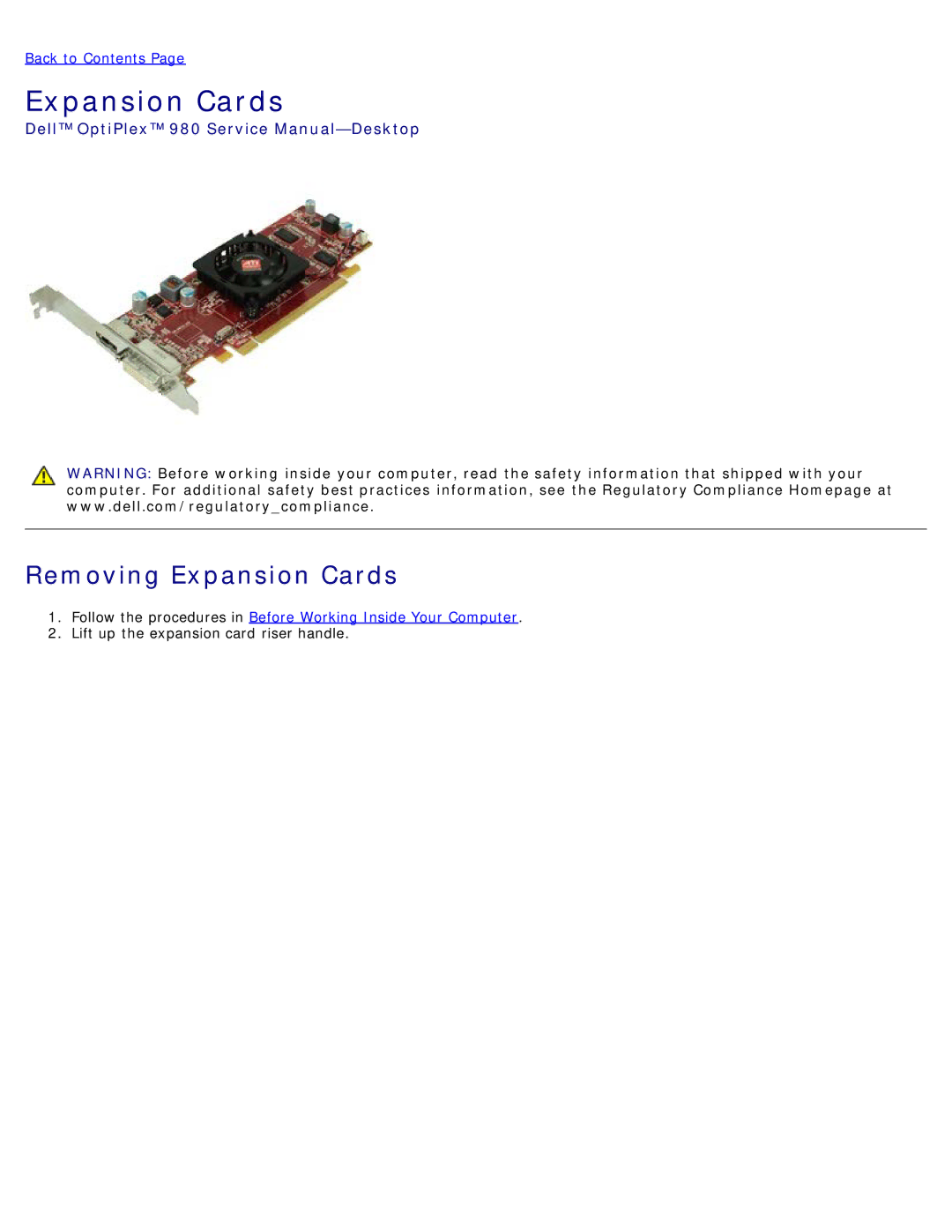 Dell 980 service manual Removing Expansion Cards 