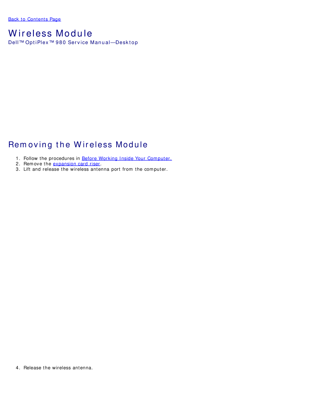 Dell 980 service manual Removing the Wireless Module 