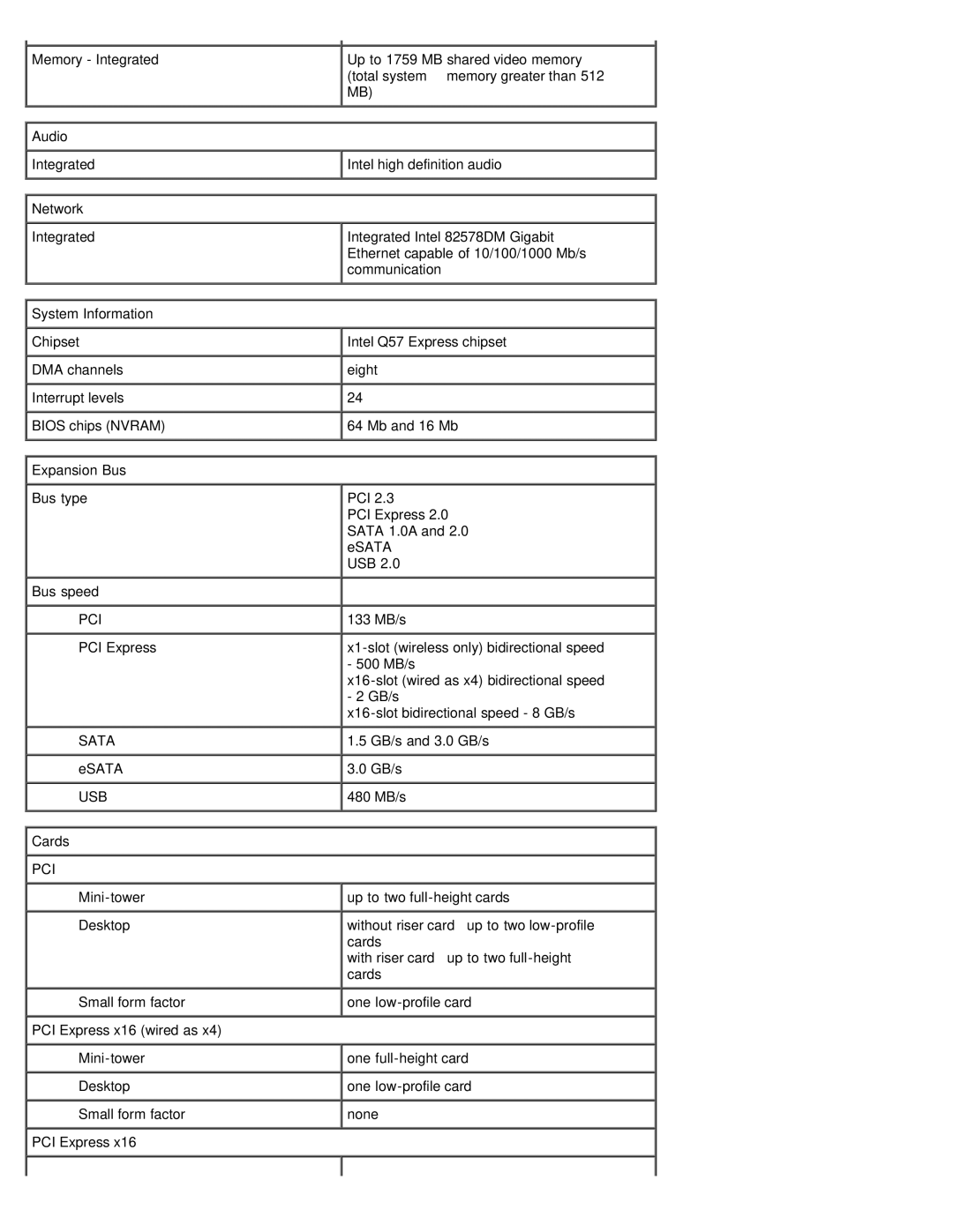 Dell 980 service manual Audio, Network, System Information, Expansion Bus, Cards 