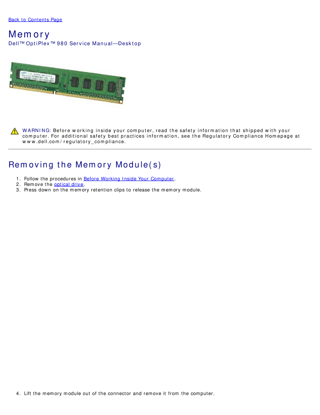 Dell 980 service manual Removing the Memory Modules 