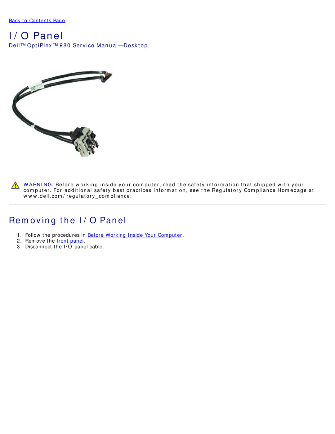 Dell 980 service manual Removing the I/O Panel 