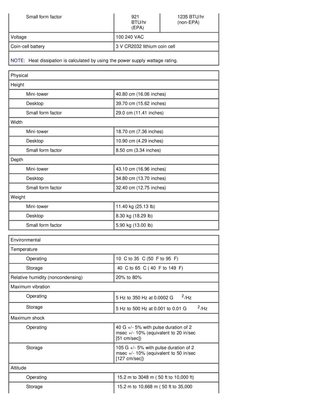 Dell 980 service manual Physical, Environmental 