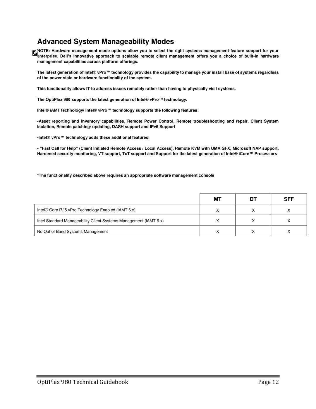 Dell 980 manual Advanced System Manageability Modes 